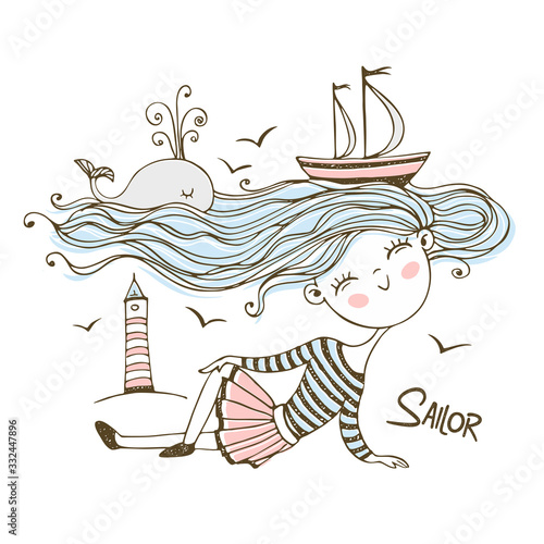 Cute little sailor girl. With an ocean of hair on which Ships and a whale swim. Vector