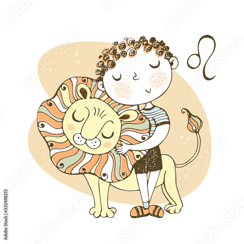 The zodiac sign Leo. Cute boy with a lion cub. Vector.