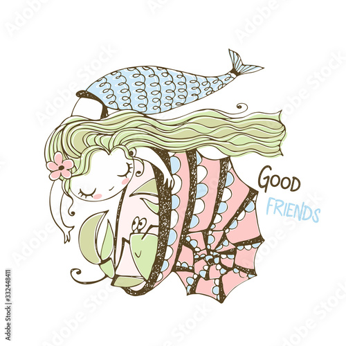 Cute little mermaid playing with cancer sitting in a shell. Vector.