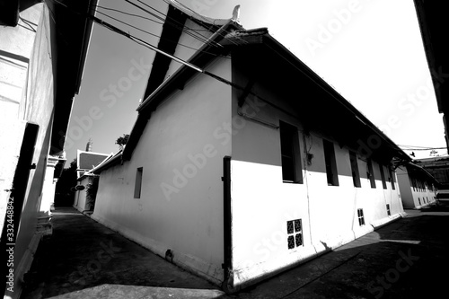 The monk's residence at Wat Thepthidaram Worawihan, built during the reign of Rama III, Rattanakosin, Bangkok, Thailand,Black and white photo