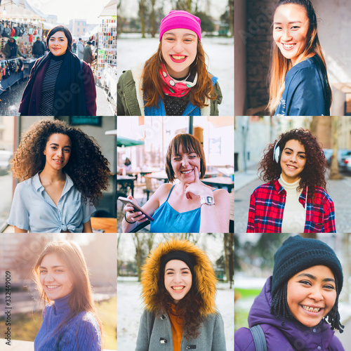 Collage of diverse multi-ethnic and mixed age women expressing different emotions