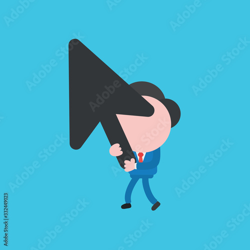 Vector illustration of businessman character walking and holding computer mouse cursor arrow icon.
