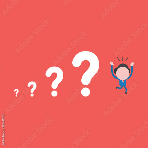 Vector illustration of businessman character running away from question marks, problems growing.