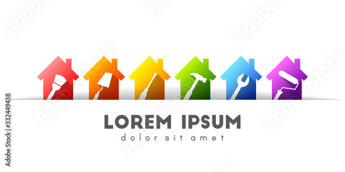 Work tools and colorful house set concept. Working tool icons tilted sideways. Tucked paper pocket design on white background.