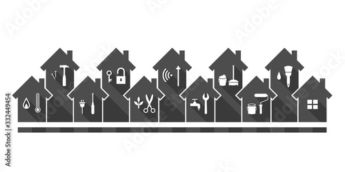 House and various work tools as construction or maintenance concept