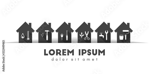 Facilities management concept with set of houses and tools