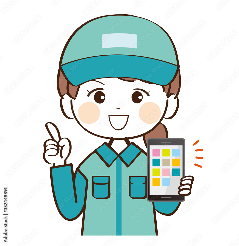 女性、配達員、スマホ、説明