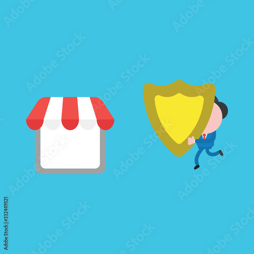 Vector illustration of businessman character running and carrying shield guard to shop store.