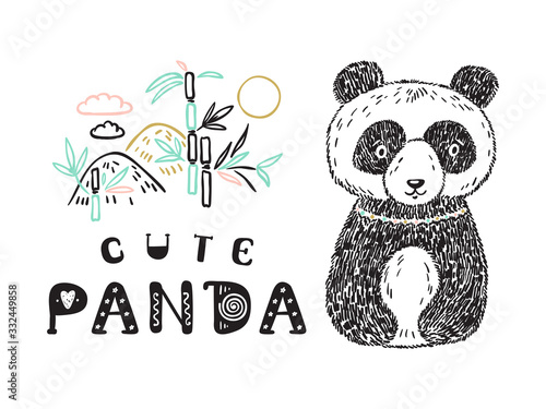Teddy Bear with Animal Habitat and "Cute Panda" phrase Vector card. Hand drawn Doodle Cute Baby Panda Bear. Cartoon tribal Animal Vector illustration. T-shirt print Scandinavian design for kids