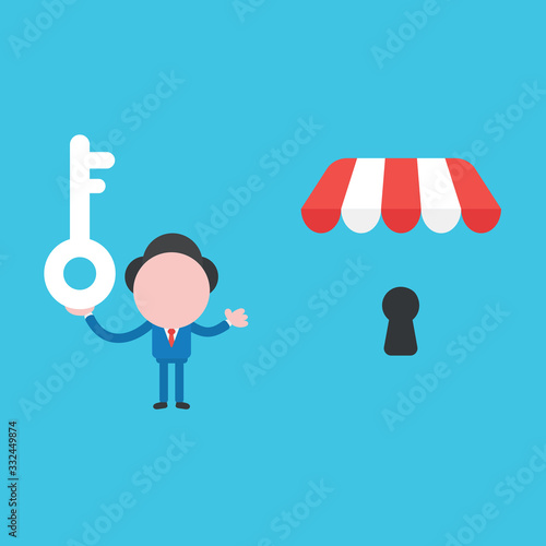 Vector illustration of businessman character holding key and showing shop store with keyhole.