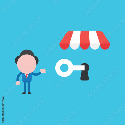 Vector illustration of businessman character showing unlock shop store with key.