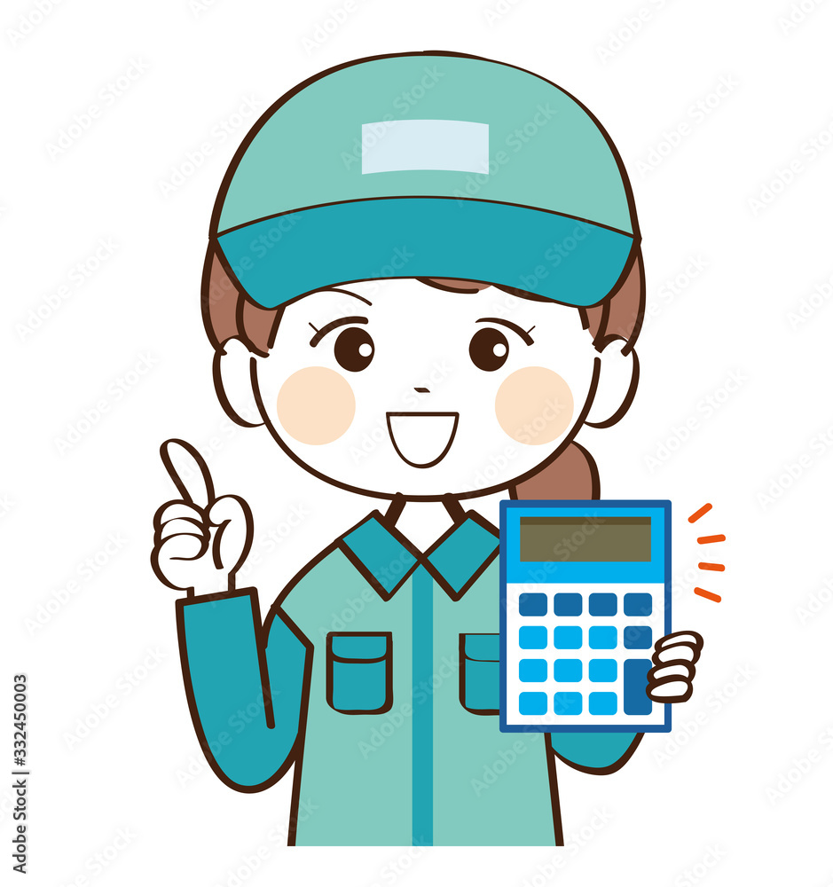 女性、配達員、電卓、説明