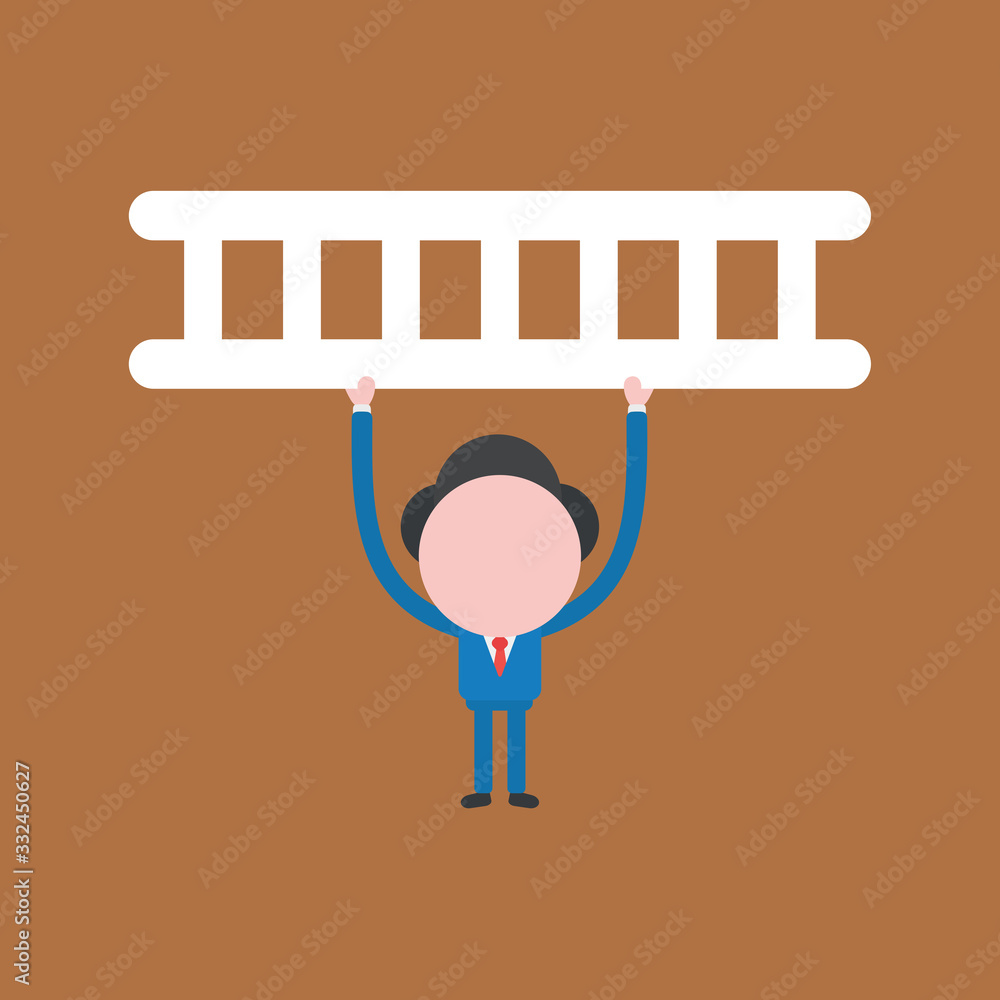 Vector illustration of businessman character holding up wooden ladder. Vector illustration of businessman character holding up wooden ladder.