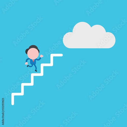 Vector illustration of businessman character running on stairs to reach cloud.