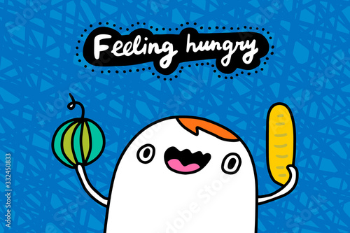 Feeling hungry hand drawn vector illustration in cartoon comic style man holding bread and watermelon