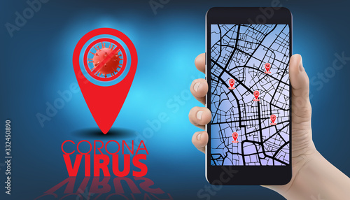 The concept of a global epidemic of virus.App with map on mobile phone in hand.
