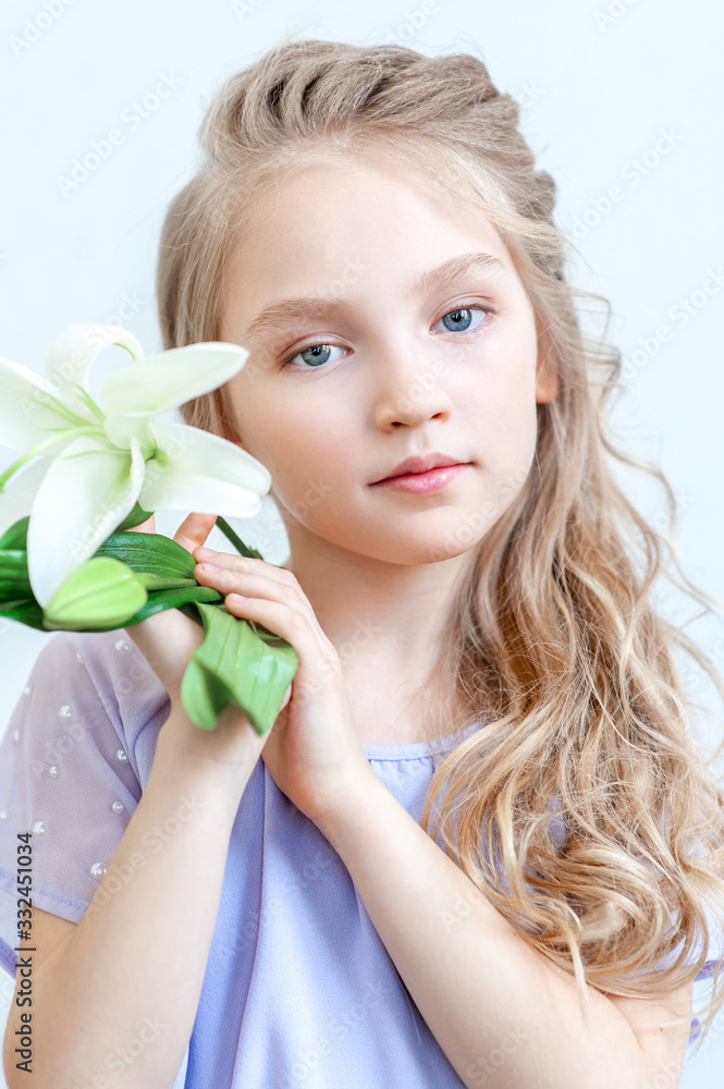 Little girl with flower hairstyle. Isolated.