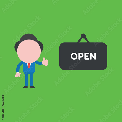 Vector illustration of businessman character giving thumbs and with open word inside hanging sign.