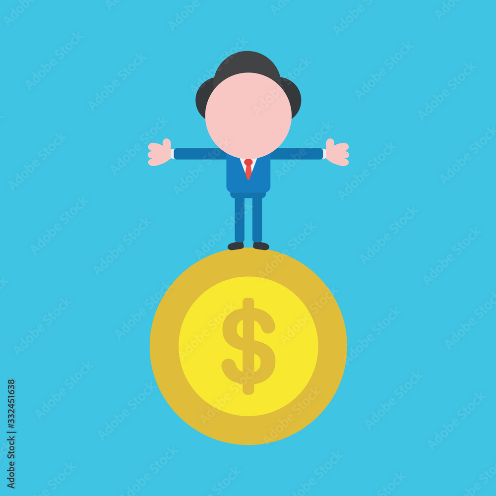 Vector illustration of businessman character standing on dollar coin. Vector illustration of businessman character standing on dollar coin.