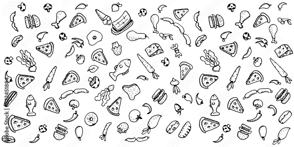 Food doodles on white background. Vector illustration for menu or food package design, banner, presentation design, poster, and flyer. Set of healthy food ingredients. Hand drawn sketches