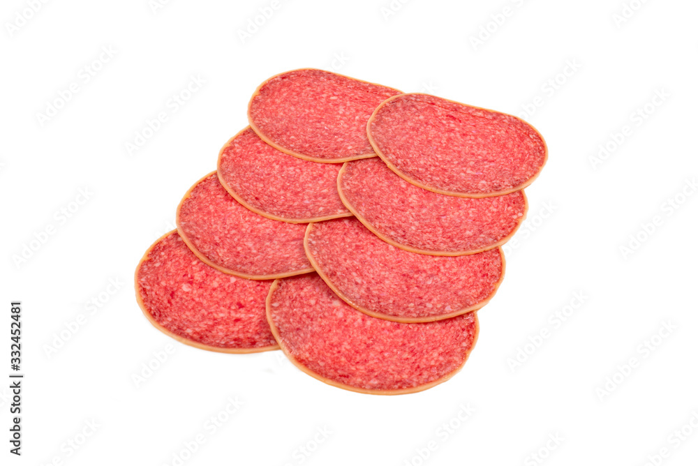 Tasty salami slices background. Tasty salami slices background.