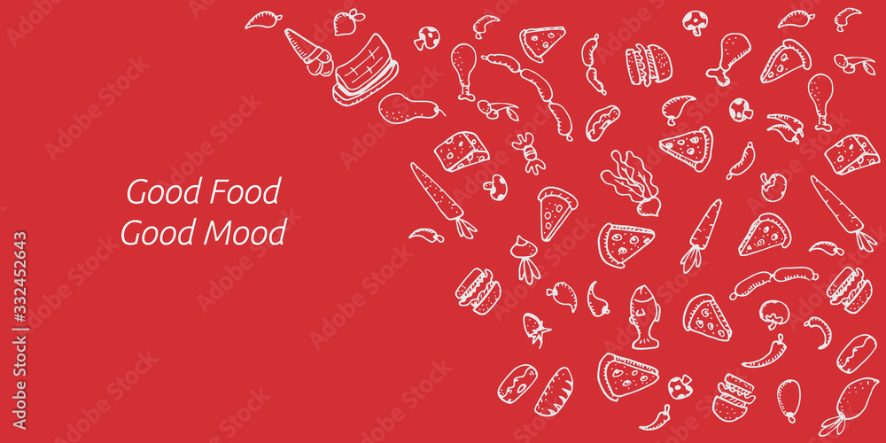 Food doodles on red background. Vector illustration for menu or food package design, banner, presentation design, poster, and flyer. Set of healthy food ingredients. Hand drawn sketches Food doodles on red background. Vector illustration for menu or food package design, banner, presentation design, poster, and flyer. Set of healthy food ingredients. Hand drawn sketches