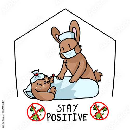 Corona virus sars cov 2. Stay positive cute nurse bunny taking care of sick patient. Vector Covid 19 infographic for kids with cute rabbit. Educational graphic picture. Friendly icon for children. 
