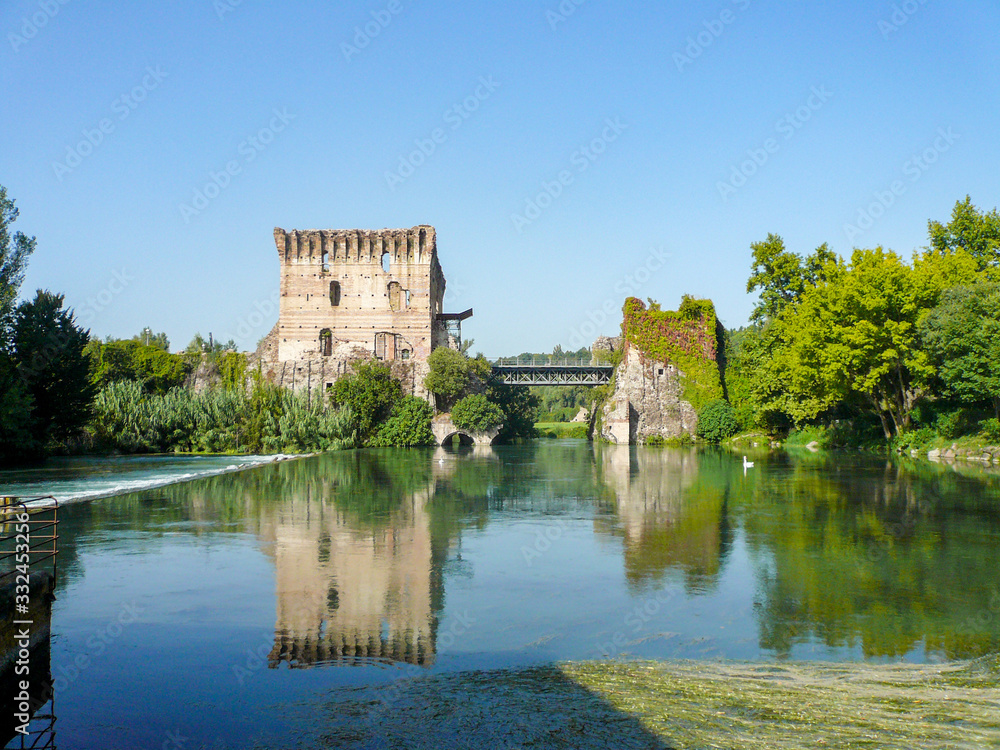 Valeggio sul mincio nearby Lake Garda in Italy; the old town tower and bridge; claim to have invented the tortellini;Ponte dei Visconti