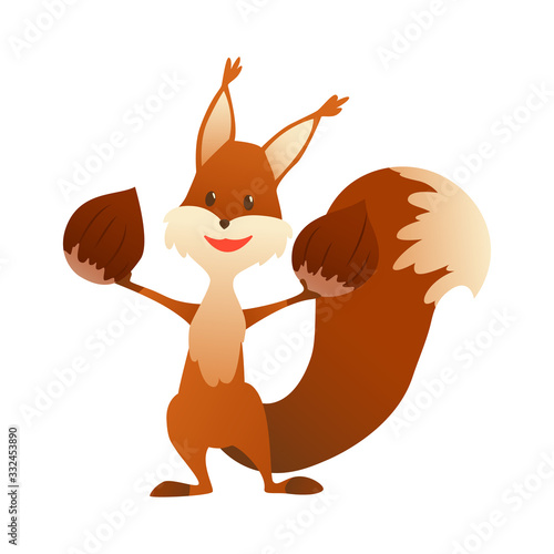 Cute cartoon squirrel. Sweet friendly animal standing and holds nuts in hands. Vector illustration with simple gradients. Funny forest wild animal