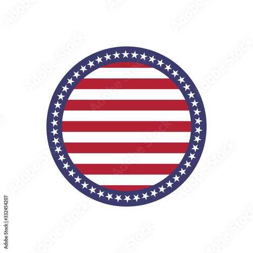 Round frame American flag stylized, USA round patriotic badge with red stipes and 50 stars. Stock Vector illustration isolated on white background.