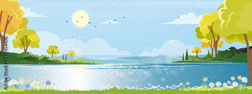 Panoramic of spring village with lake view and mountains with blue sky,Vector cartoon Spring landscape, Panorama countryside in the morning in summer with bright light from sun and reflection on water