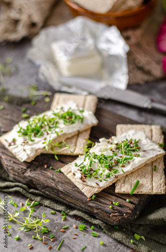 Delicious fresh cheese with herbs on crispbread photo