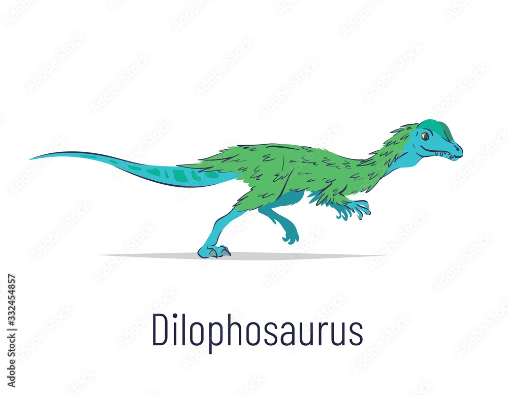 Dilophosaurus. Theropoda dinosaur. Colorful vector illustration of prehistoric creature dilophosaurus in hand drawn flat style isolated on white background. Predatory fossil dinosaur.