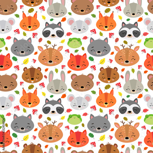 Cute vector illustration with wild forest animals. Seamless pattern. Background. Adorable cartoon faces. Bear, wolf, fox, squirrel, deer, raccoon, beaver, hare, mouse, frog. Print, children's decor.