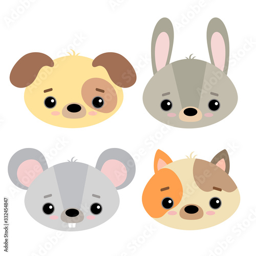Set of cute vector illustrations in flat style isolated on white background. Pets. Dog, cat, rat and rabbit in cartoon style. For design and children's decor.