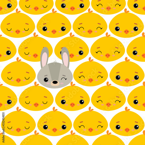 Cute vector illustration with spring chicken and a rabbit. Seamless pattern. Background. Adorable cartoon faces. Easter theme. For design, print on fabric, wallpaper, children's decor.