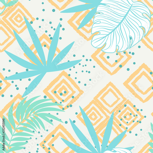 Tropical palm leaf on geometrical   background. Vector  abstract illustration...