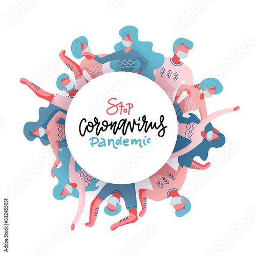 Cooperation of all people to stop the outbreak of COVID-19 that epidemic worldwide, all global hands trying to help and protect the world population. People in medical masks. Flat vector illustration