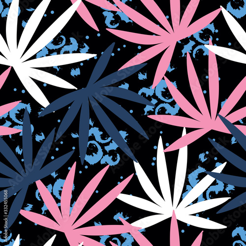 Vector seamless tropical pattern with leaves on black  background. Vector  fl...