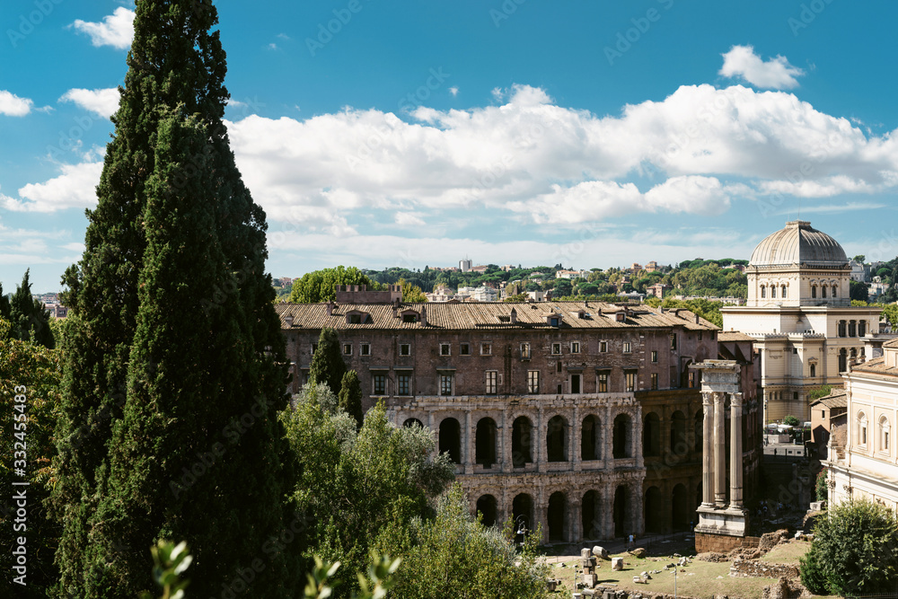 Fototapeta premium View of the ancient city center of Rome. Ruins, tourist places of Rome, coliseum, Roman forum. The cultural heritage of ancient Italy.