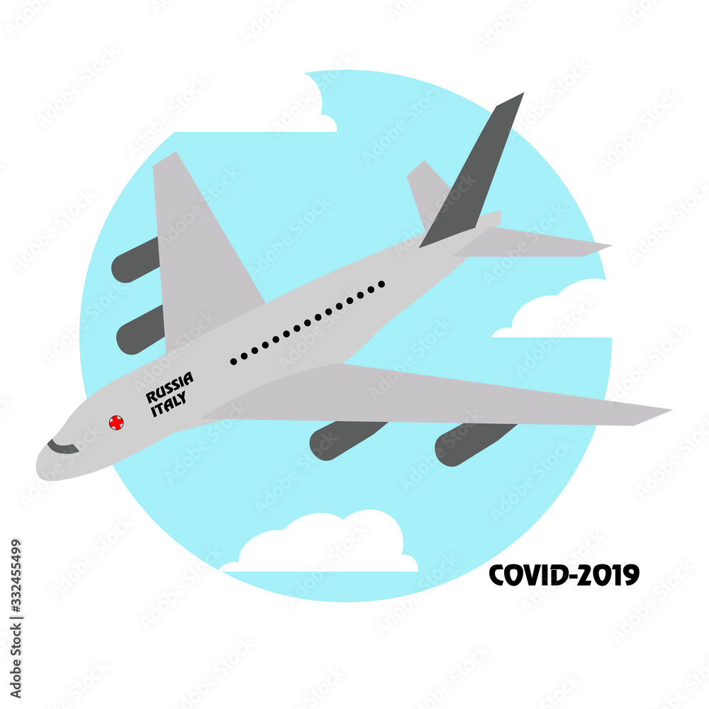 Medical care in Italy .Plane from Russia to Italy.Flat illustration.covind-2019.Coronavirus.Pandemic.Vector illustration.