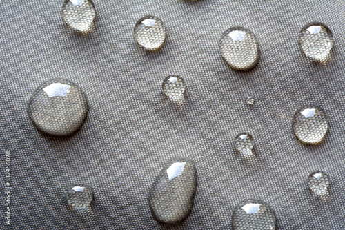 Large spherical water drops an grey background. Realistic pure water droplets condensed.