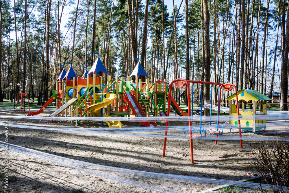 children's playground is quarantined due to coronavirus covid-19, Ukraine, Kiev, march 2020