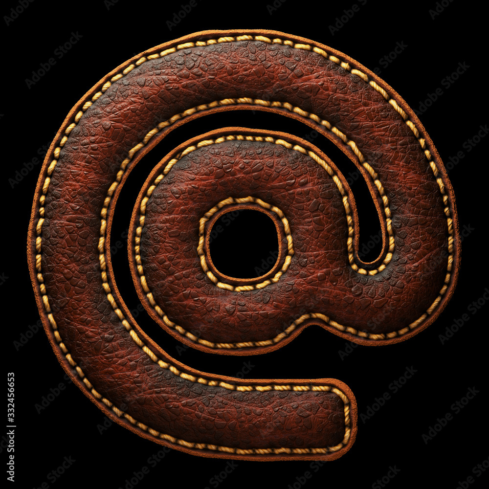 Symbol at made of leather. 3D render font with skin texture on black background.