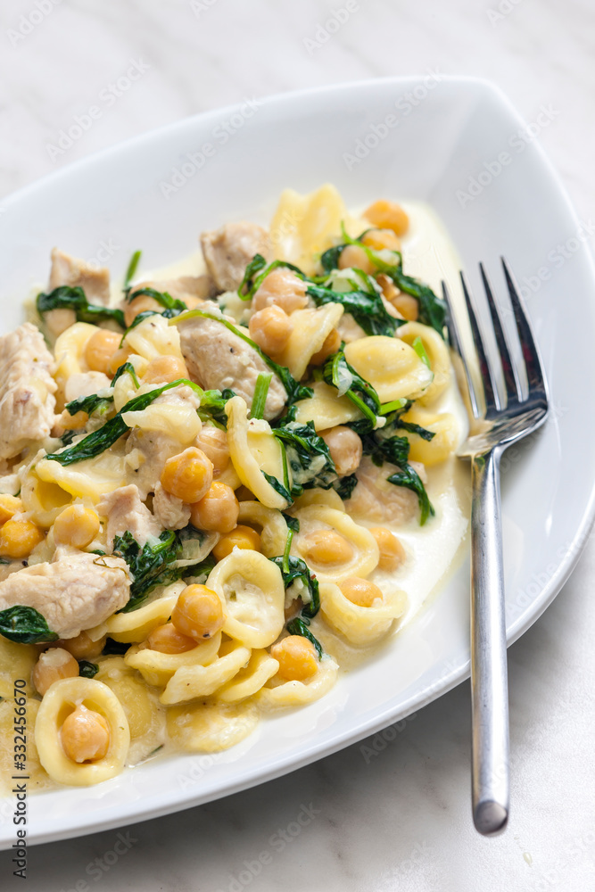 pasta orecchiette with chicken meat, chick peas and spinach pasta orecchiette with chicken meat, chick peas and spinach
