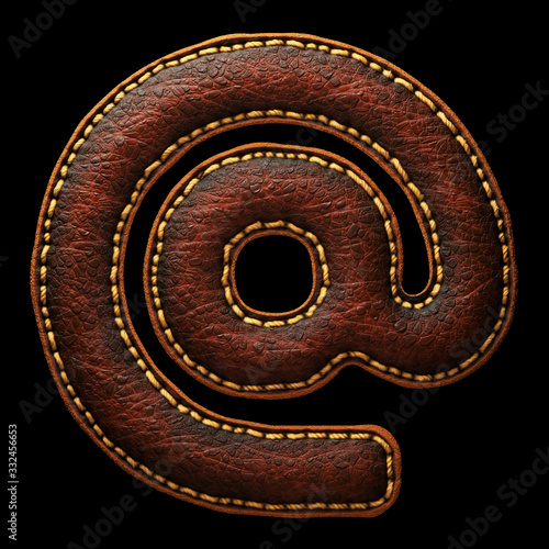 Symbol at made of leather. 3D render font with skin texture on black background.