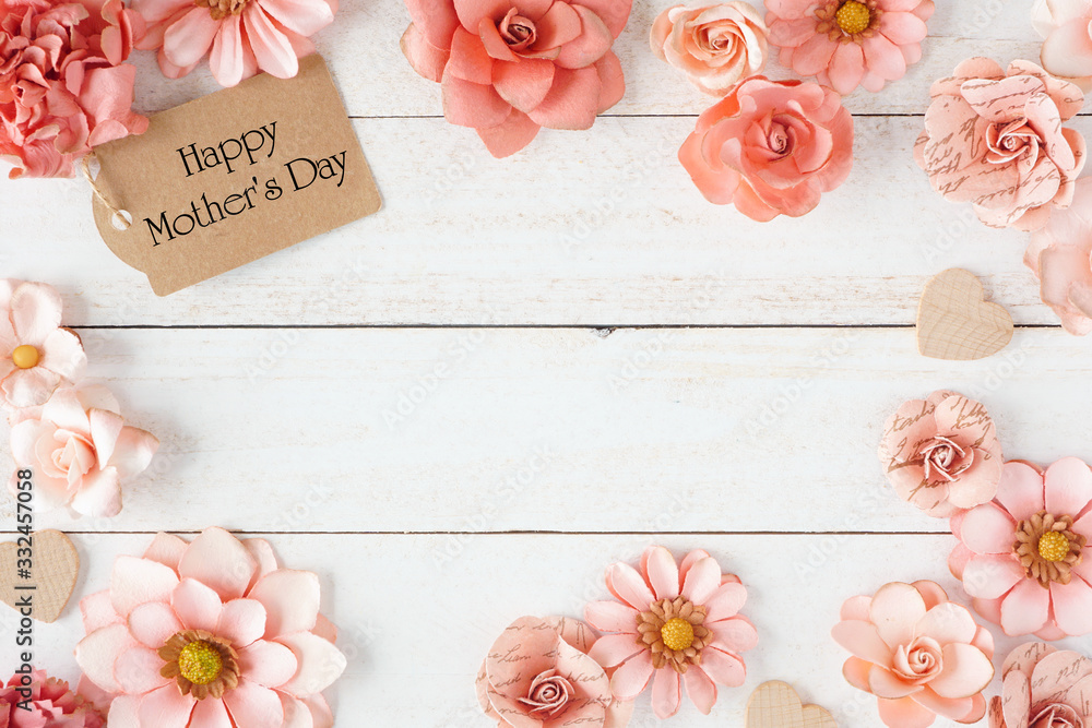 Happy Mothers Day frame with pink paper flowers and gift tag. Top view  against a white wood background. Copy space. Stock Photo | Adobe Stock