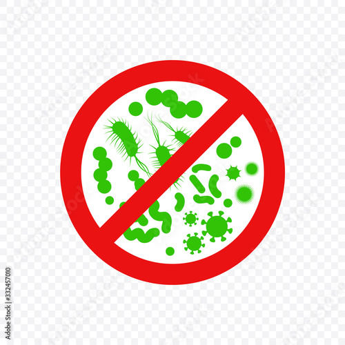 Antibacterial sign. Stop bacteria red alert circle with germs. 