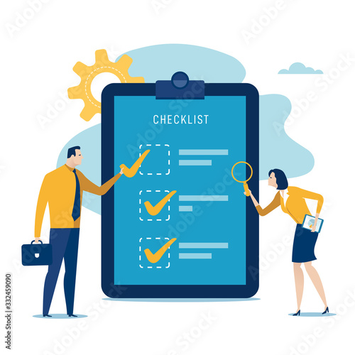 Checklist. The manager checks the last item.. Vector illustration