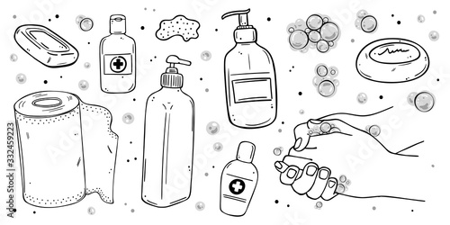 Hand washing, sanitizer, disposable towels, soap for the prevention of viral infections.